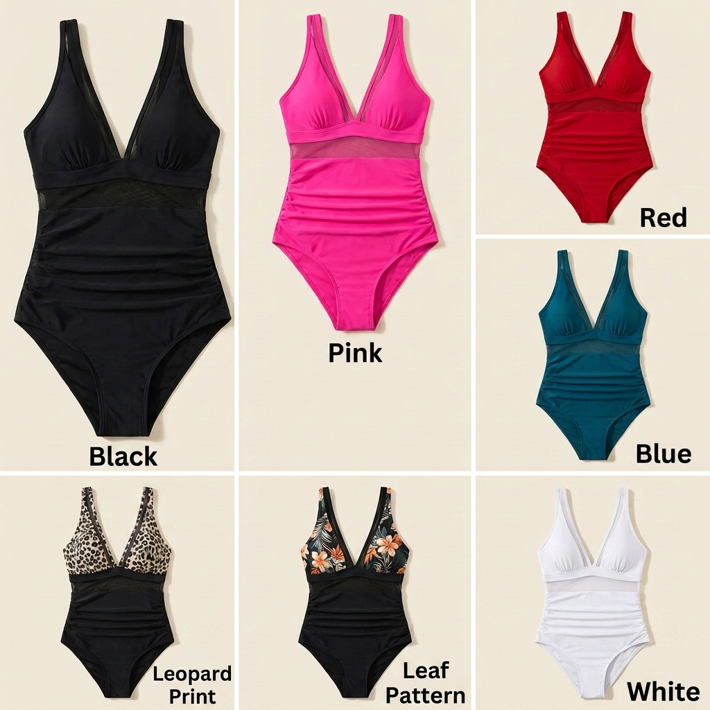 AuraSleek™ – Ruched Tummy Control Sculpting Mesh V-Neck One-Piece