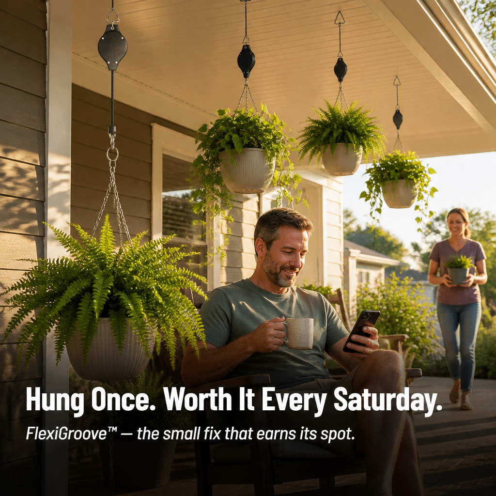 FlexiGroove™ — Lower Hanging Baskets to Chest Level for Ladder-Free Watering
