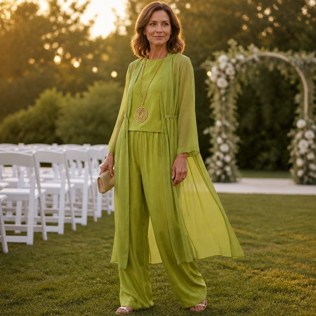 AristaLuxe™ – Three-Piece Wide-Leg Pant Ensemble with Sheer Chiffon Duster Flowing
