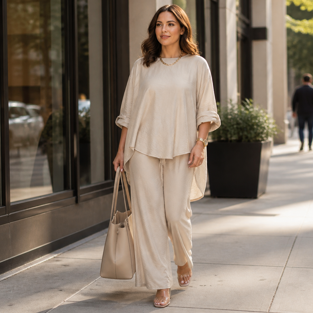 TrueStyle™ – Laid-Back Two-Piece Set Featuring Asymmetric Hem & Wide-Leg Trousers