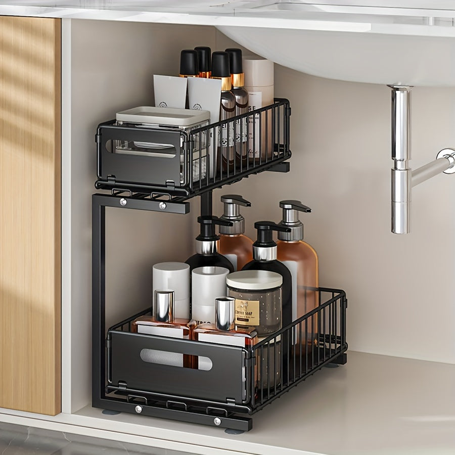 Two-Tier Cabinet Organizer with Extendable Carbon Steel Design
