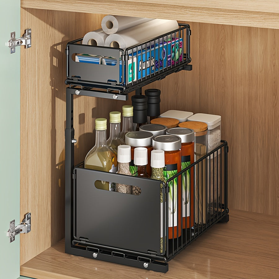 Two-Tier Cabinet Organizer with Extendable Carbon Steel Design