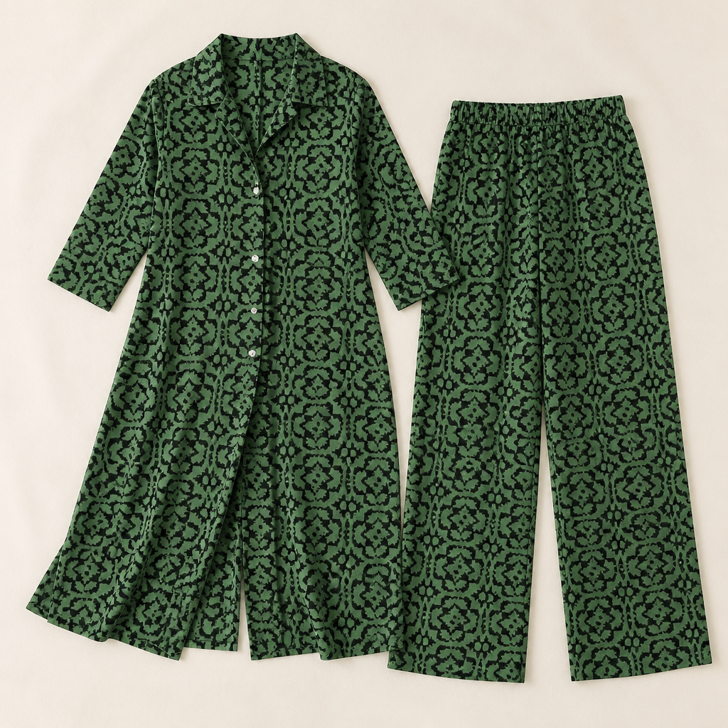 VireoLuxe™ – Sharp Geometric Tunic with Straight-Leg Trouser Set