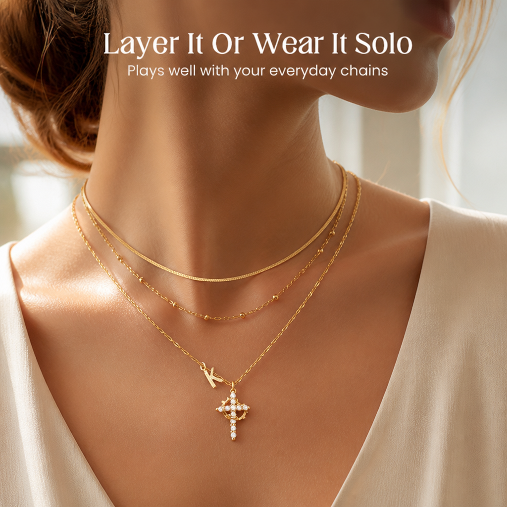 LumaSoul™ – Dainty Petal Chain Necklace with Initial & Cross Charms