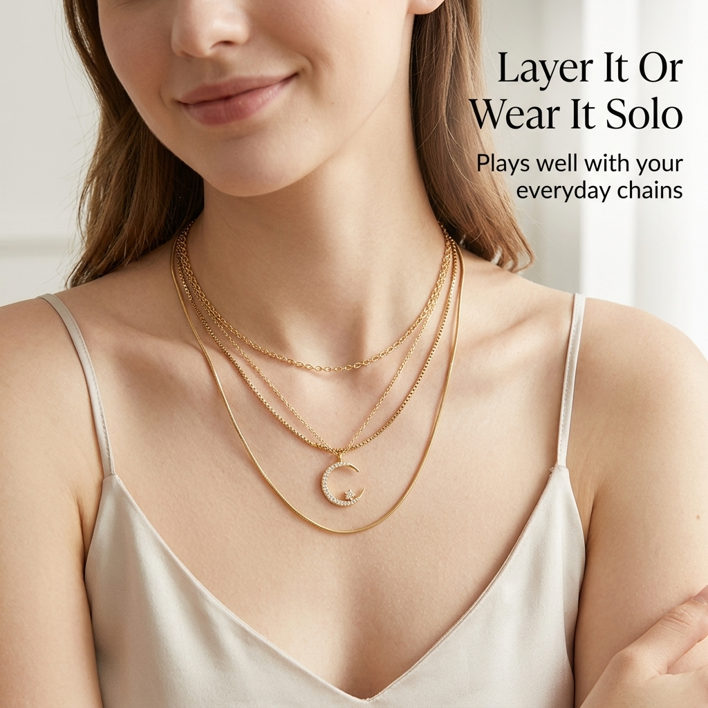 LumaLuxe™ – Dainty Pavé Crescent Moon & Star Pendant Necklace