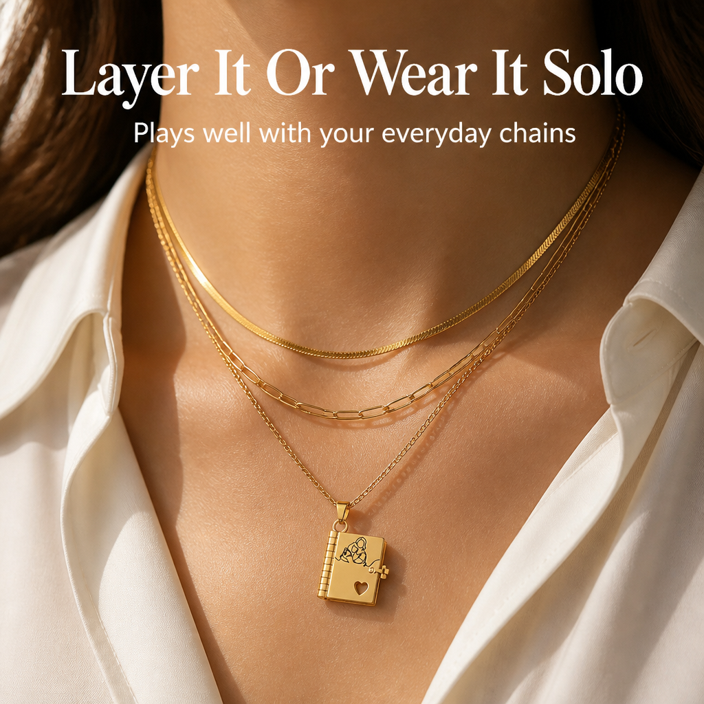 AmorieLuxe™ – Engraved Book Locket Necklace with Heart Cutout & Hidden Pages