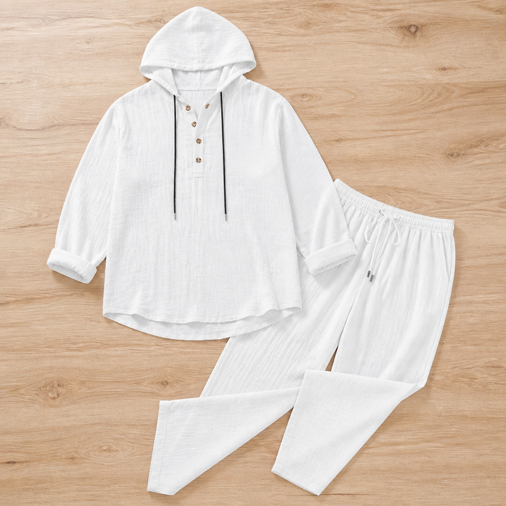 VeloShift™ – Relaxed Linen-Blend Hooded Set with Button Henley Top