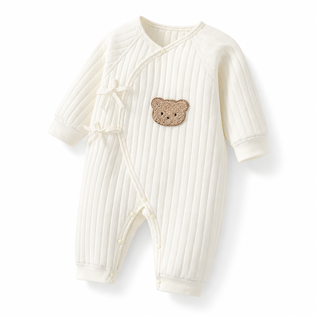 Soft 100% Cotton Press-Stud Baby Romper (Bear Applique)