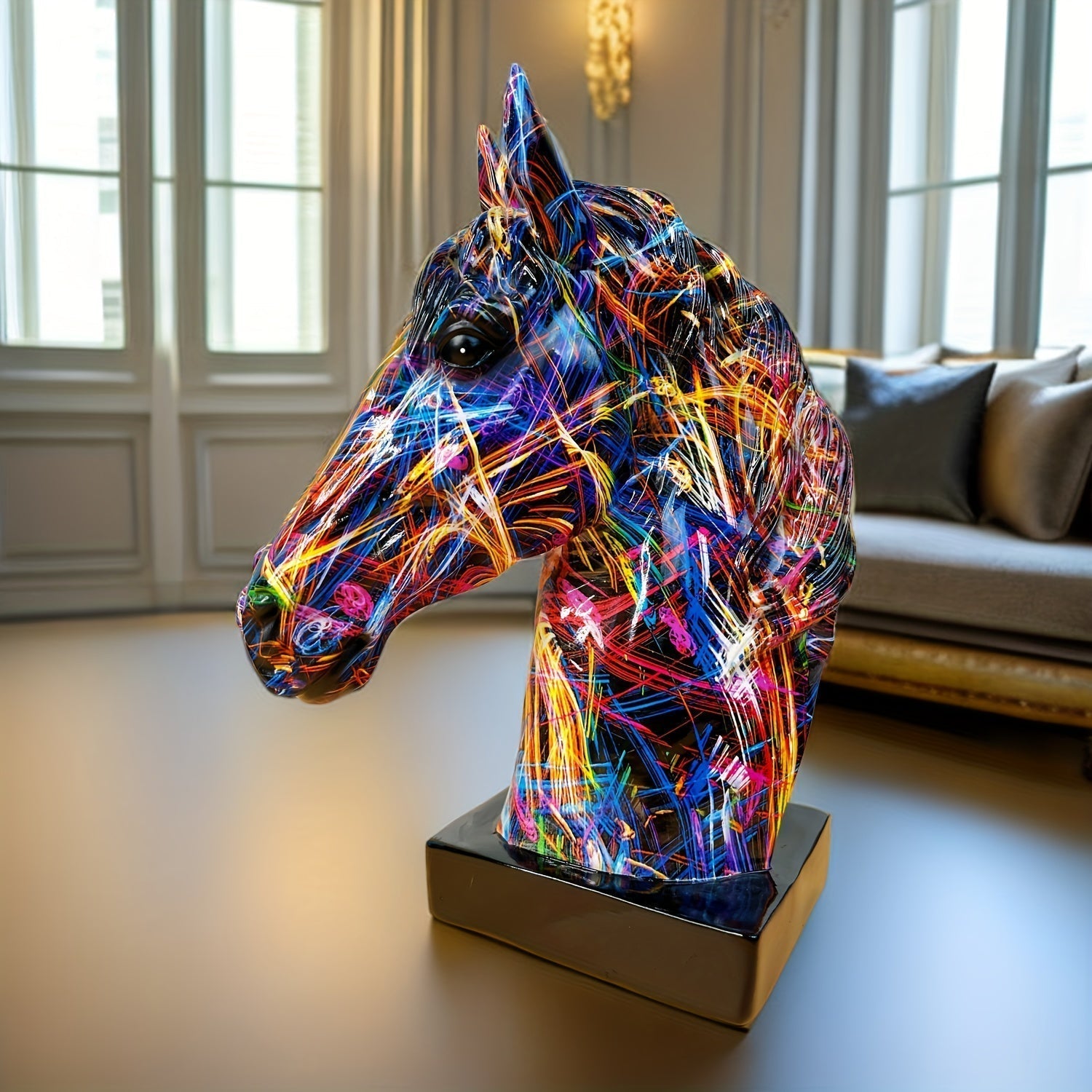 Resin Horse Head Statue Featuring Paint Splatter Artwork