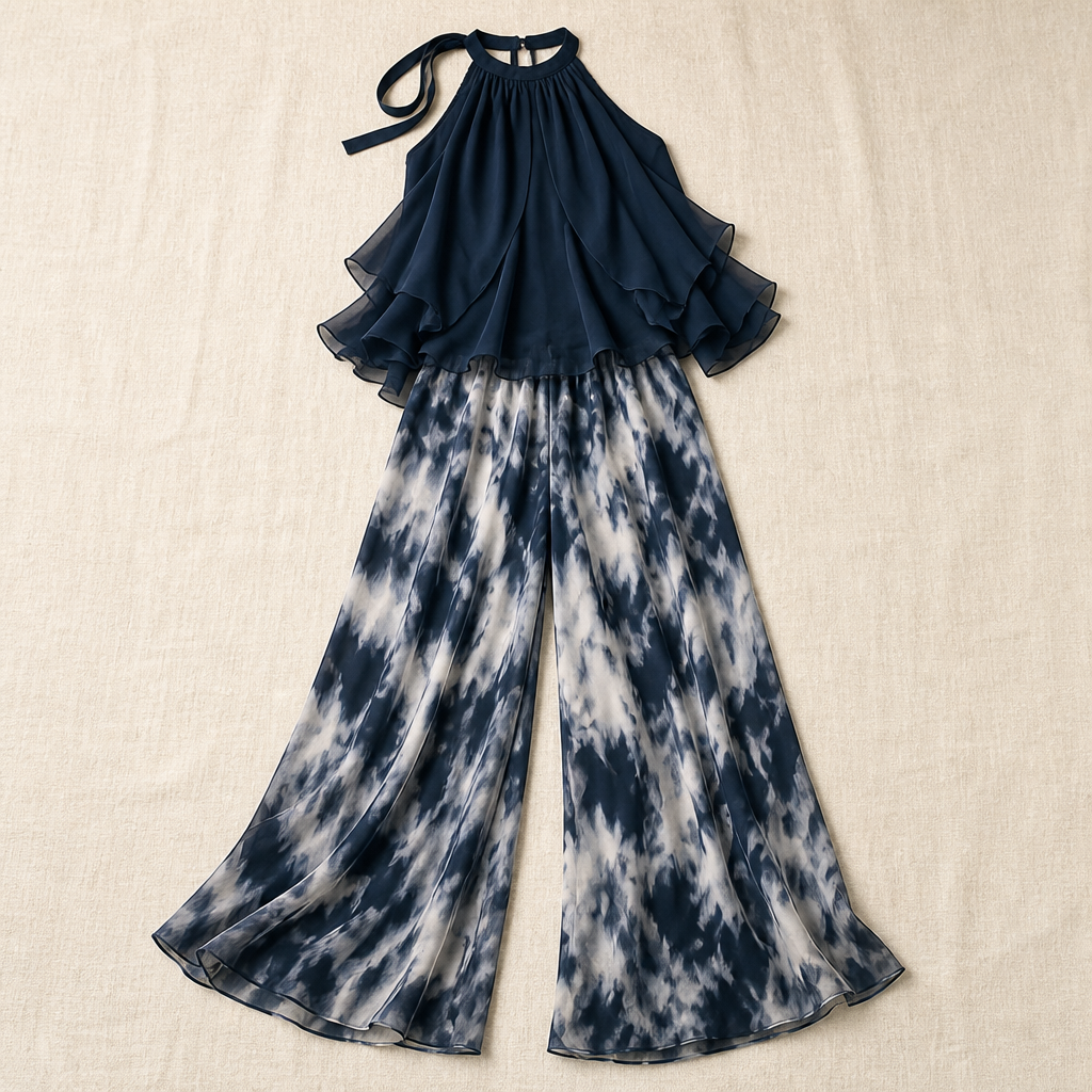 LuxuraFit™ – Draped Chiffon Halter Top & Wide-Leg Marbled Pants Ensemble