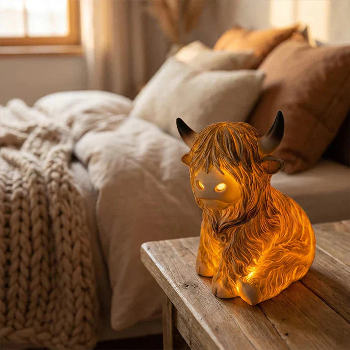 Amber Glow Resin Night Lamp – Highland Cow Design, 10 cm
