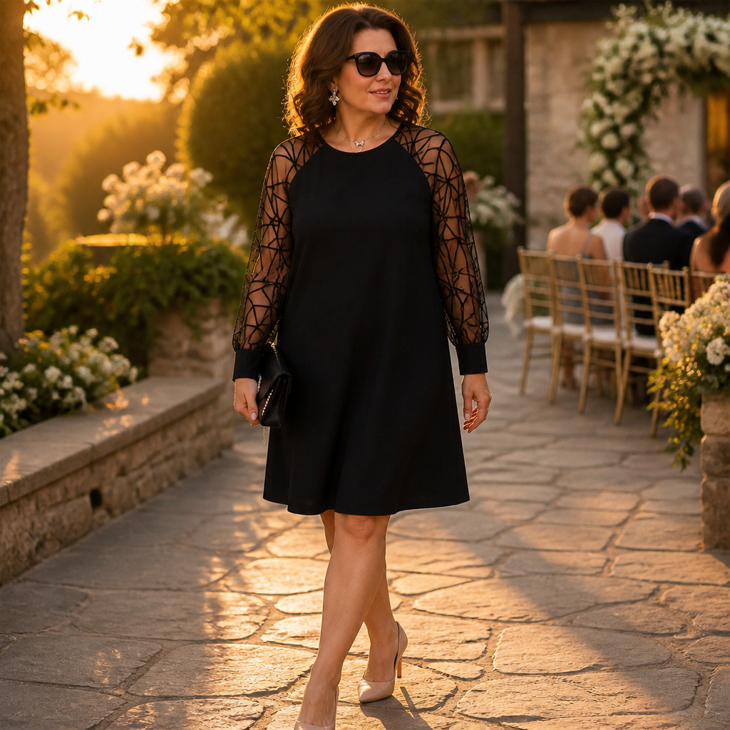 LumaraMist™ – Stylish A-Line Tunic Dress with Mesh Sleeve Elegance