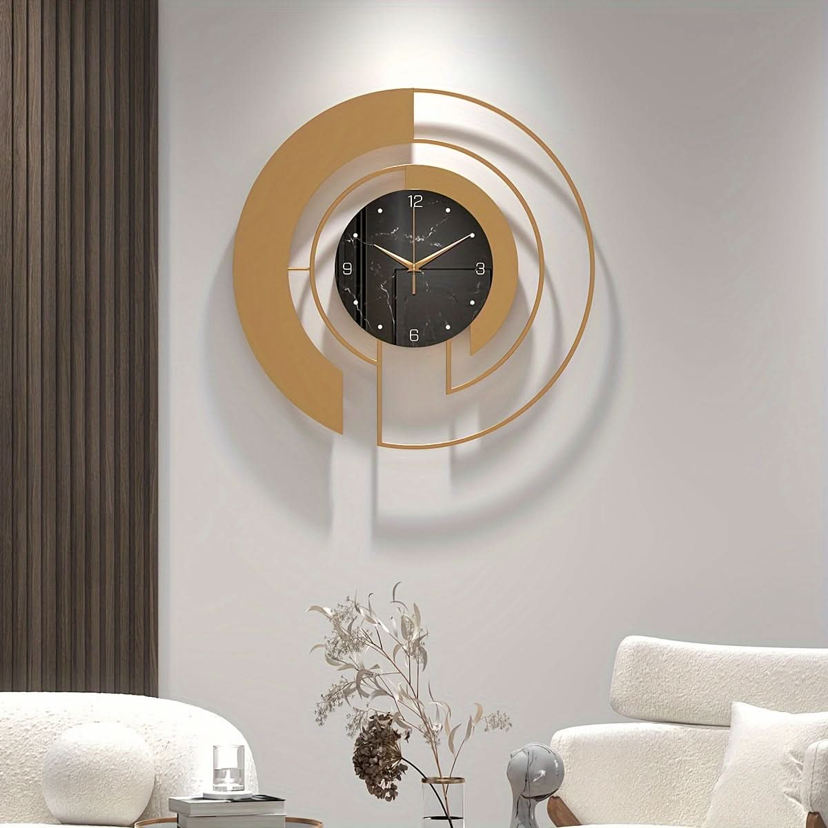 Silent Wall Clock with Glass Face – Golden Geometric Design