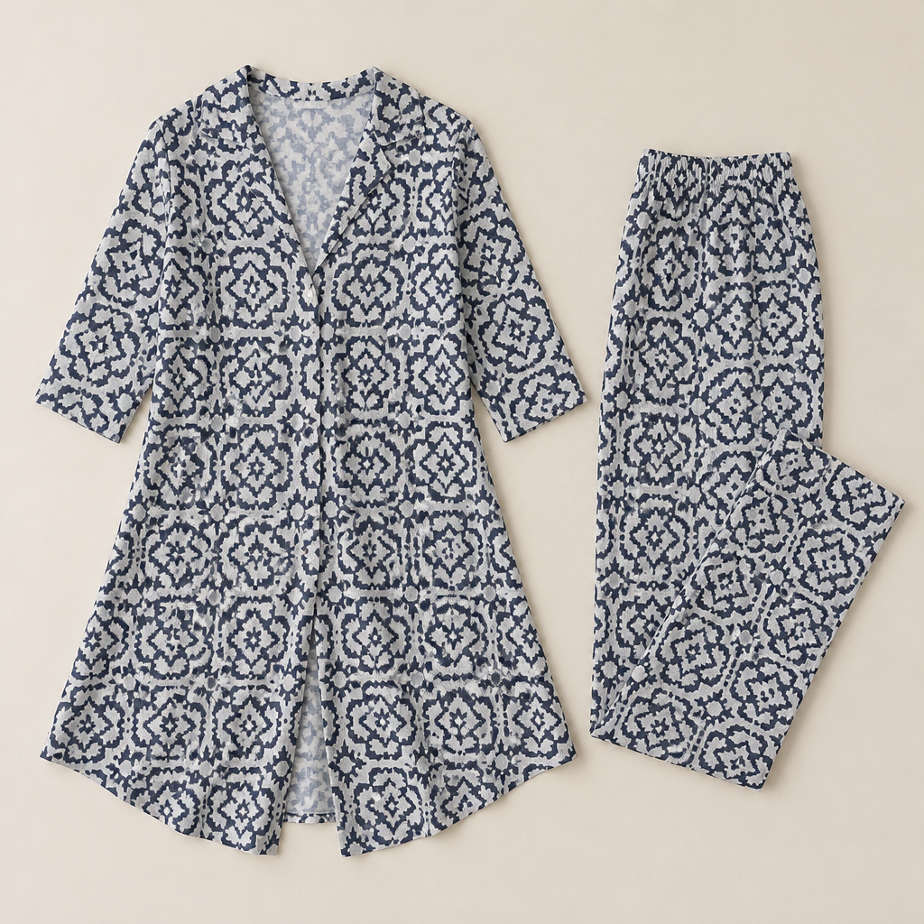 VireoLuxe™ – Sharp Geometric Tunic with Straight-Leg Trouser Set