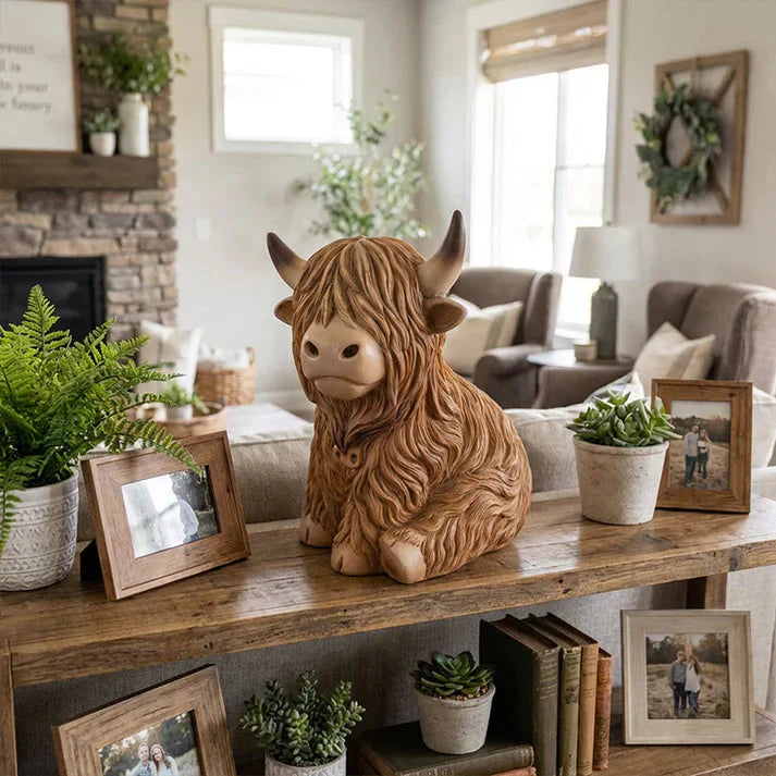 Amber Glow Resin Night Lamp – Highland Cow Design, 10 cm