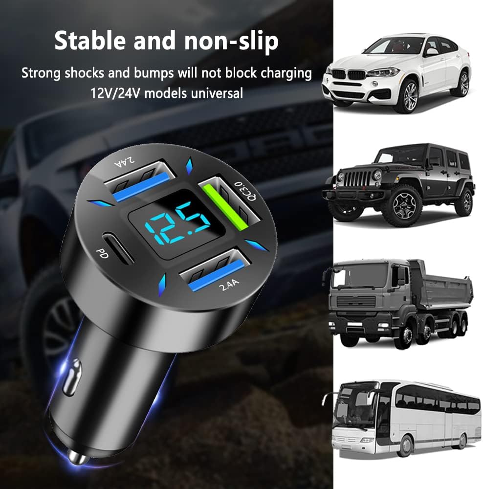 USB-C PD and QC 3.0 Car Charger with LED Voltmeter