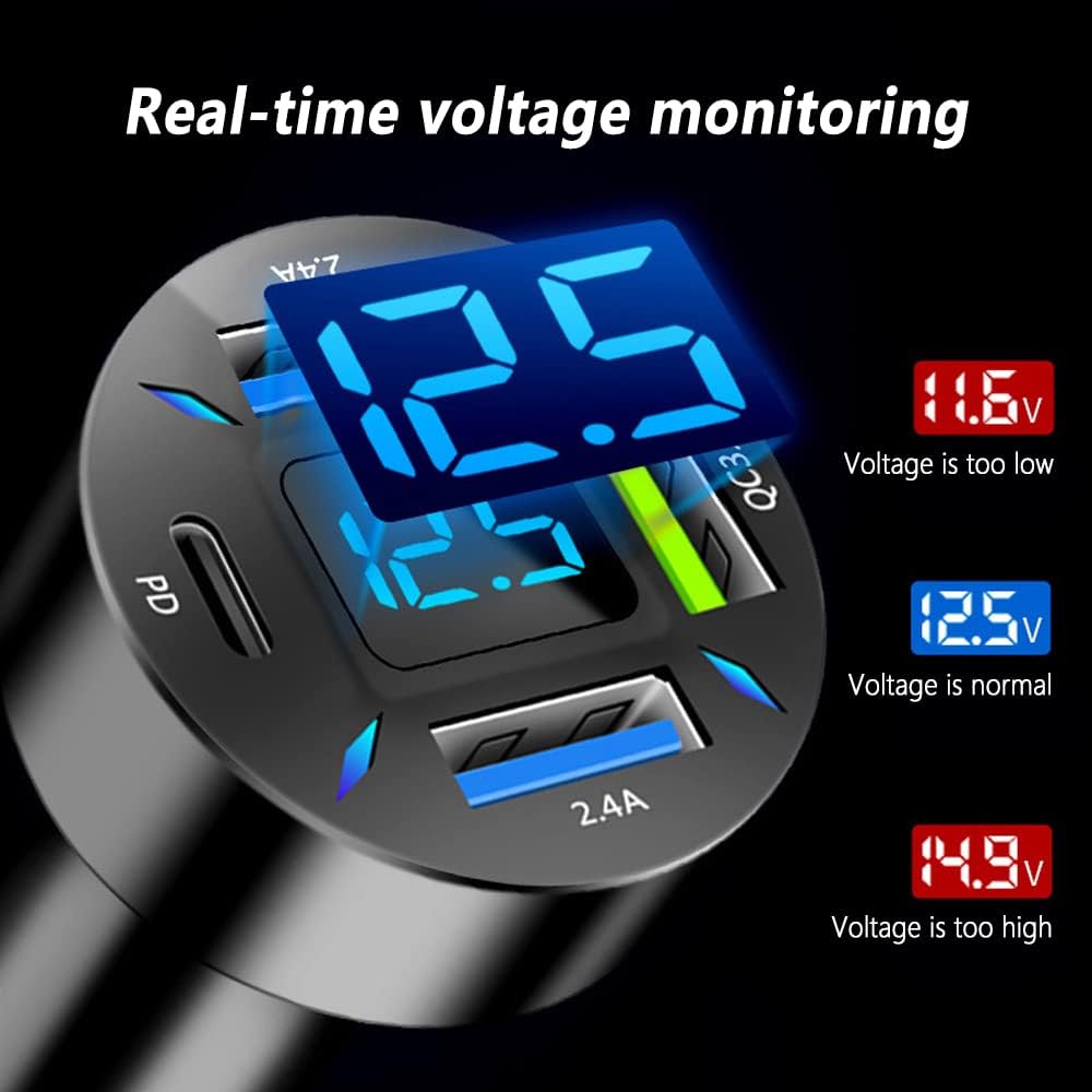USB-C PD and QC 3.0 Car Charger with LED Voltmeter