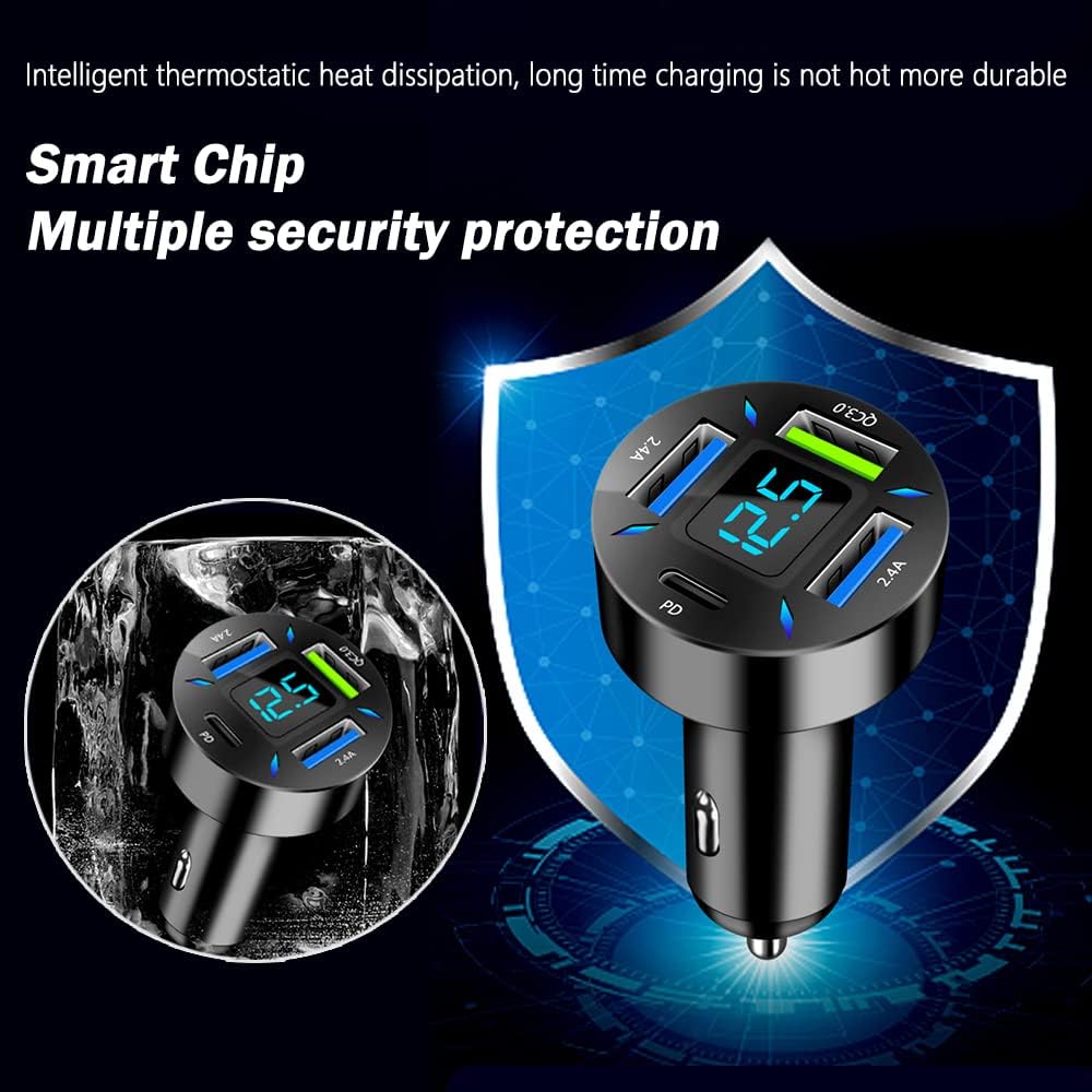 USB-C PD and QC 3.0 Car Charger with LED Voltmeter