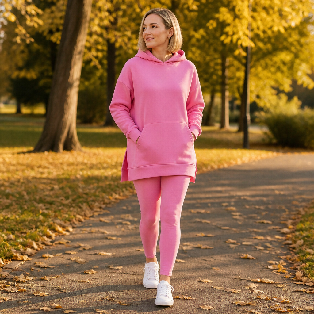GlowFlex™ – Comfy Hooded Tunic & High-Rise Leggings Set