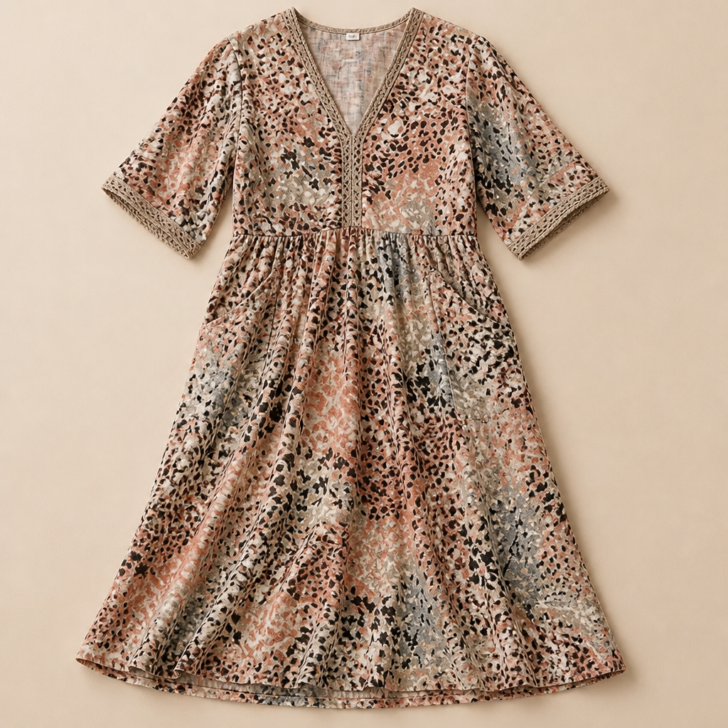 Aesthetic — boho printed midi dress celebrating style, comfort, and a mature vacation vibe.
