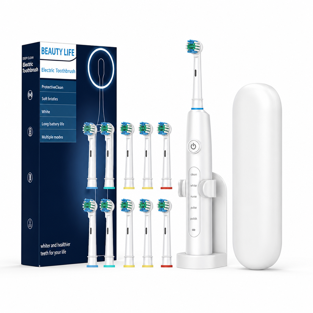 Electric Toothbrush with Rotating Whitening Action – 8 Replacement Heads + Travel Case
