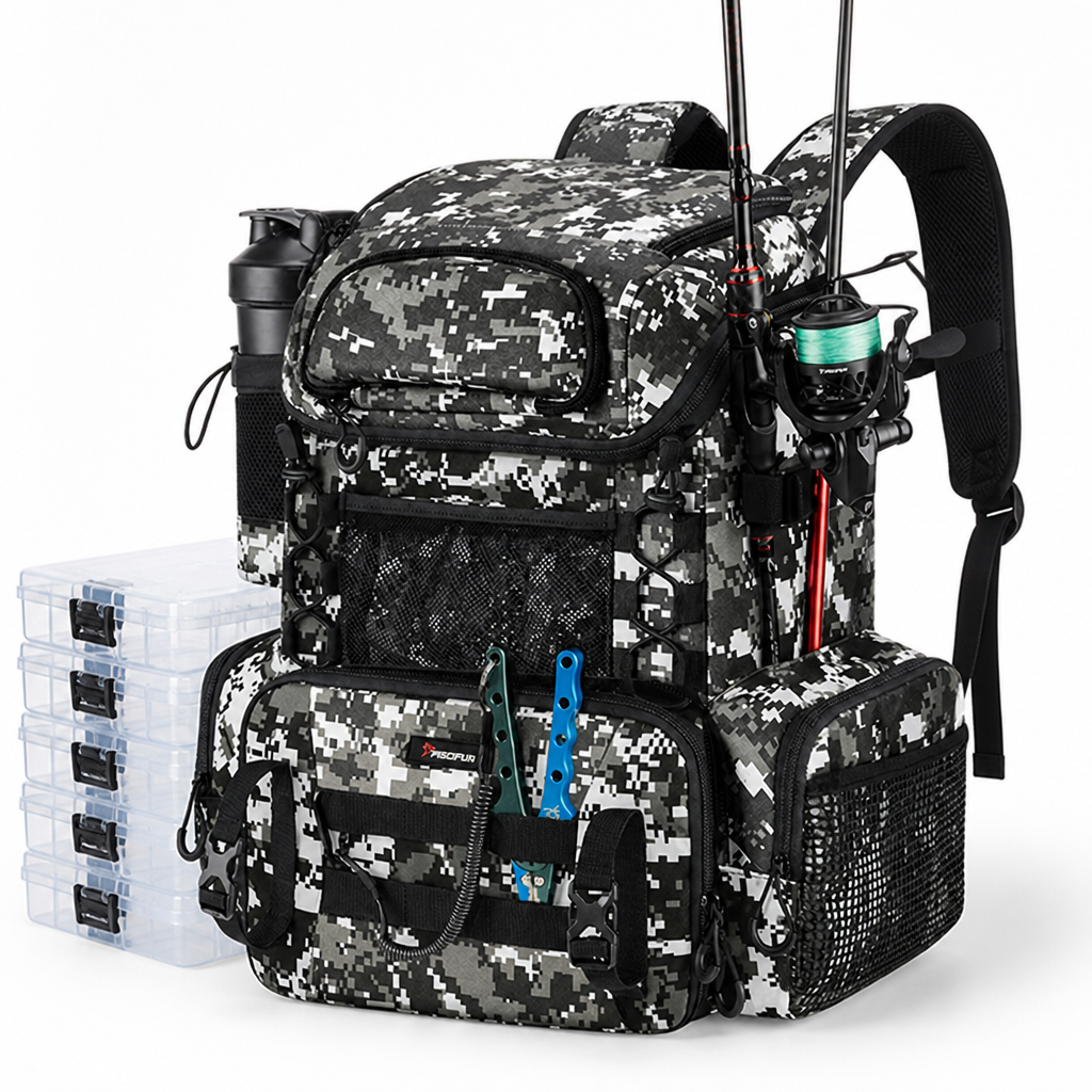 Rod Holders & Ergonomic Fishing Tackle Backpack (Includes 4 Utility Boxes)
