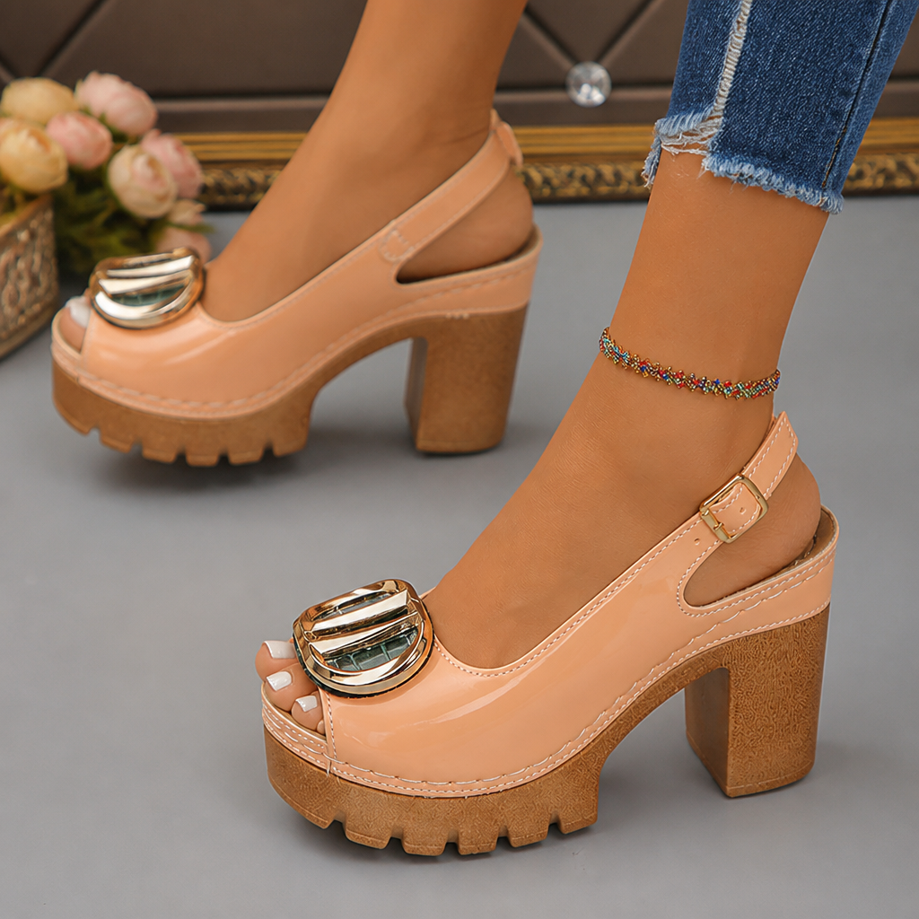VivantaStrut™ – Bold Chunky Slingback Platform Heels with Gold Buckle