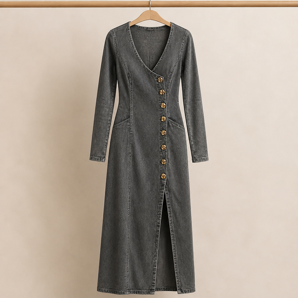 LuxeaSilk™ – Soft Denim Maxi Dress with V-Neck and Buttoned Side Slit