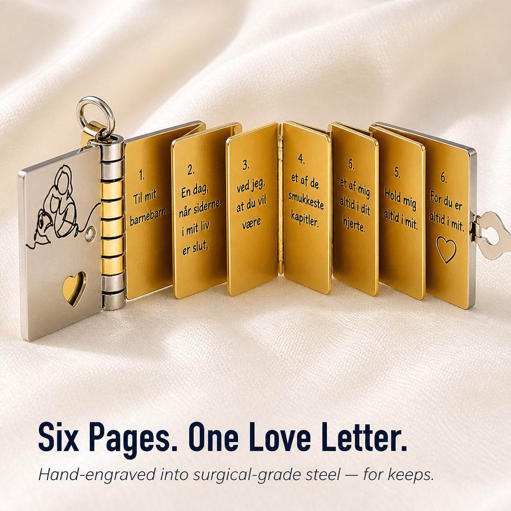AmoriteBond™ — Uncover a Six-Page Book Pendant Etched for Your Grandchild