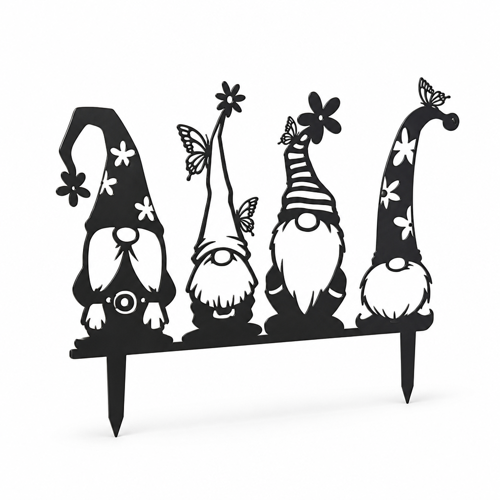 Weather-Resistant Iron Garden Gnome Stake (Butterfly & Flower Cutouts)