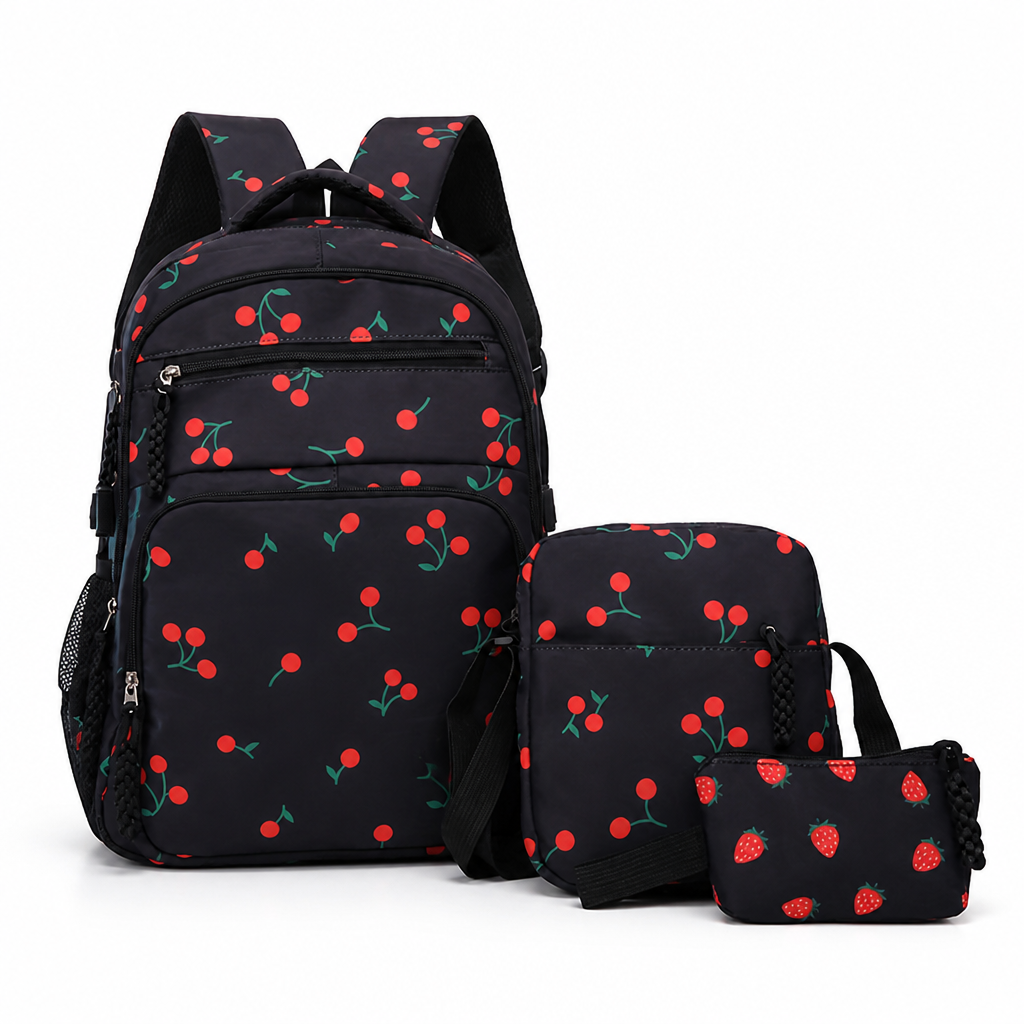 Large-Capacity Fruit-Print Backpack Set (3-Piece)