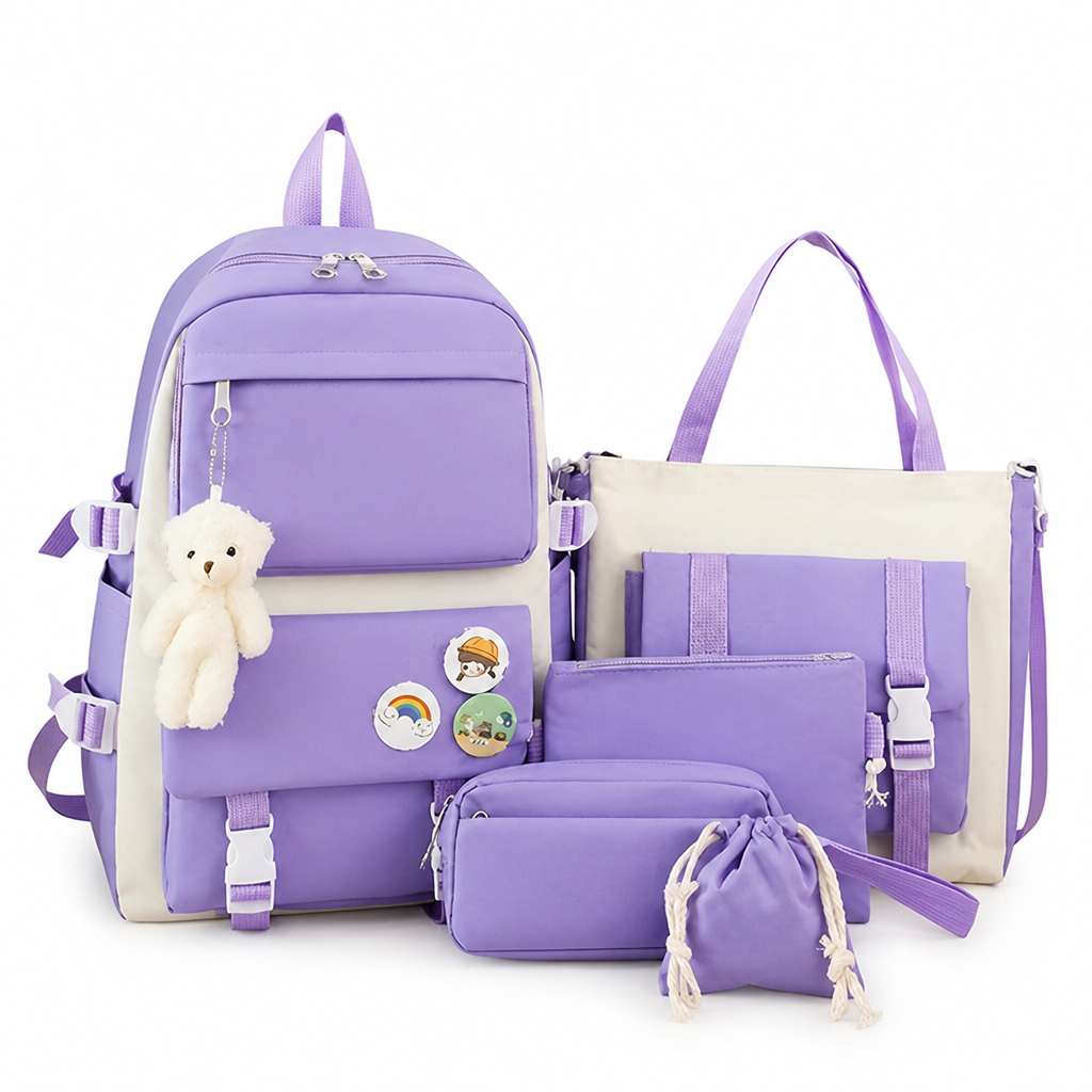 Plush Bear & Badge Kids Backpack Set (5-Piece)