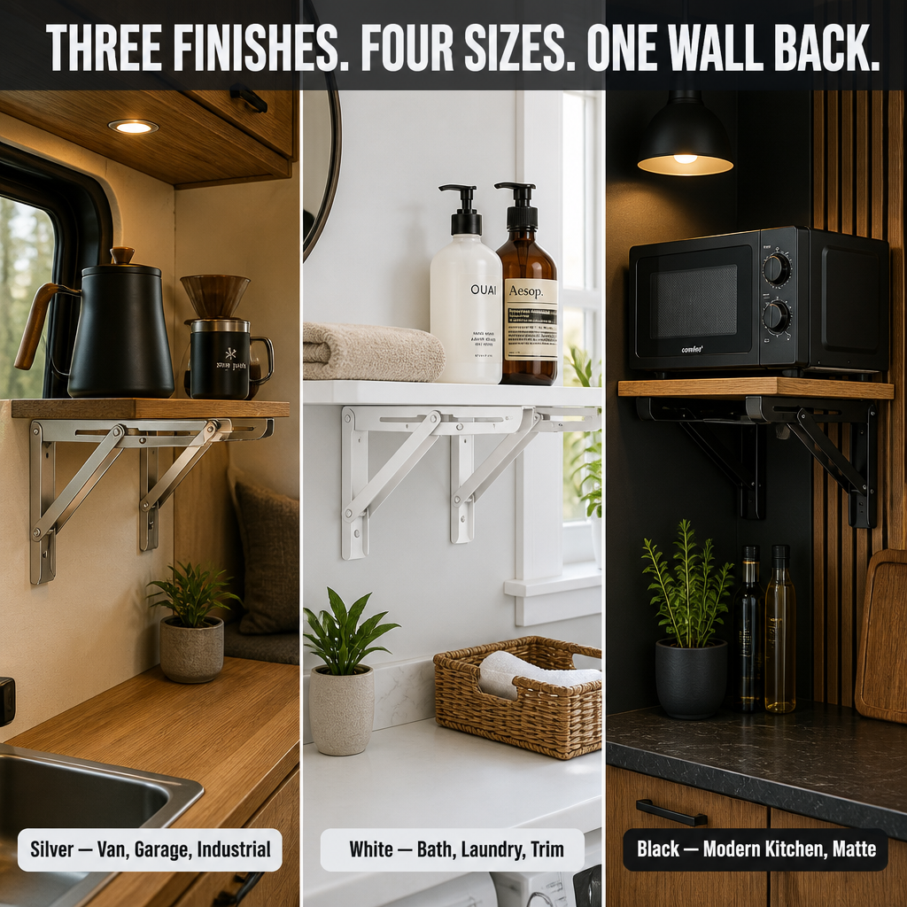 FlexiMount™ — Install Drop-Down Shelves Supporting 550 lbs That Fold Flat in Seconds