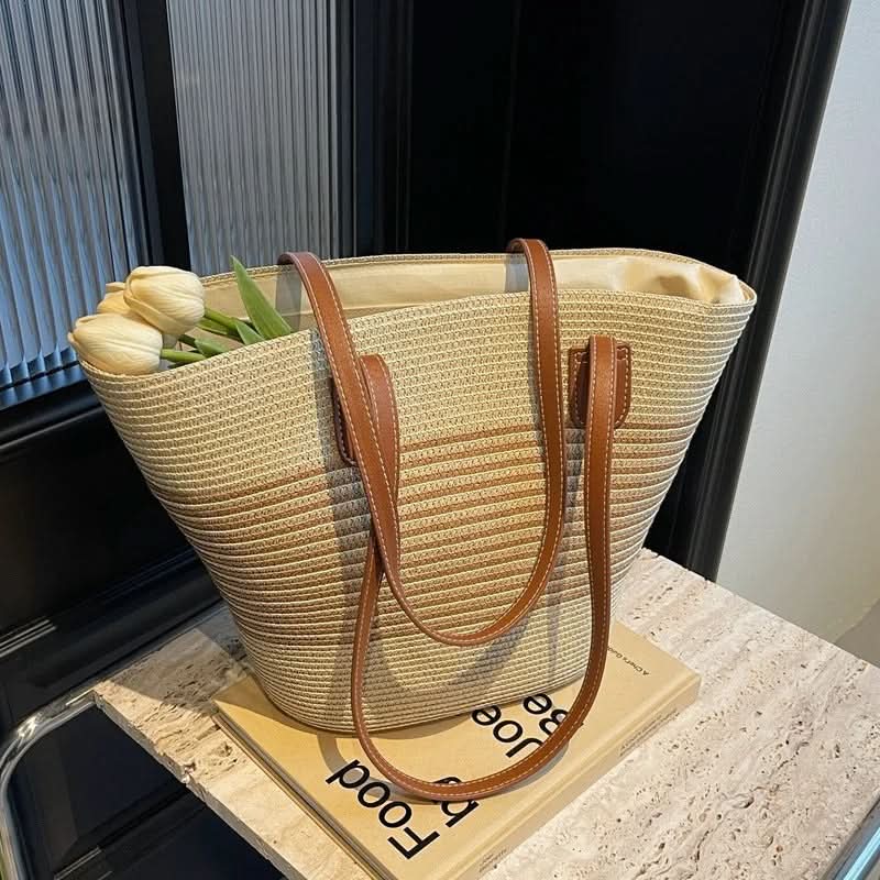 Spacious Shoulder Bag with Straw Design