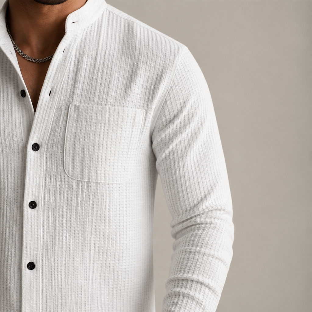Stridonity™ – Relaxed Waffle-Texture Band-Collar Shirt & Pants Set