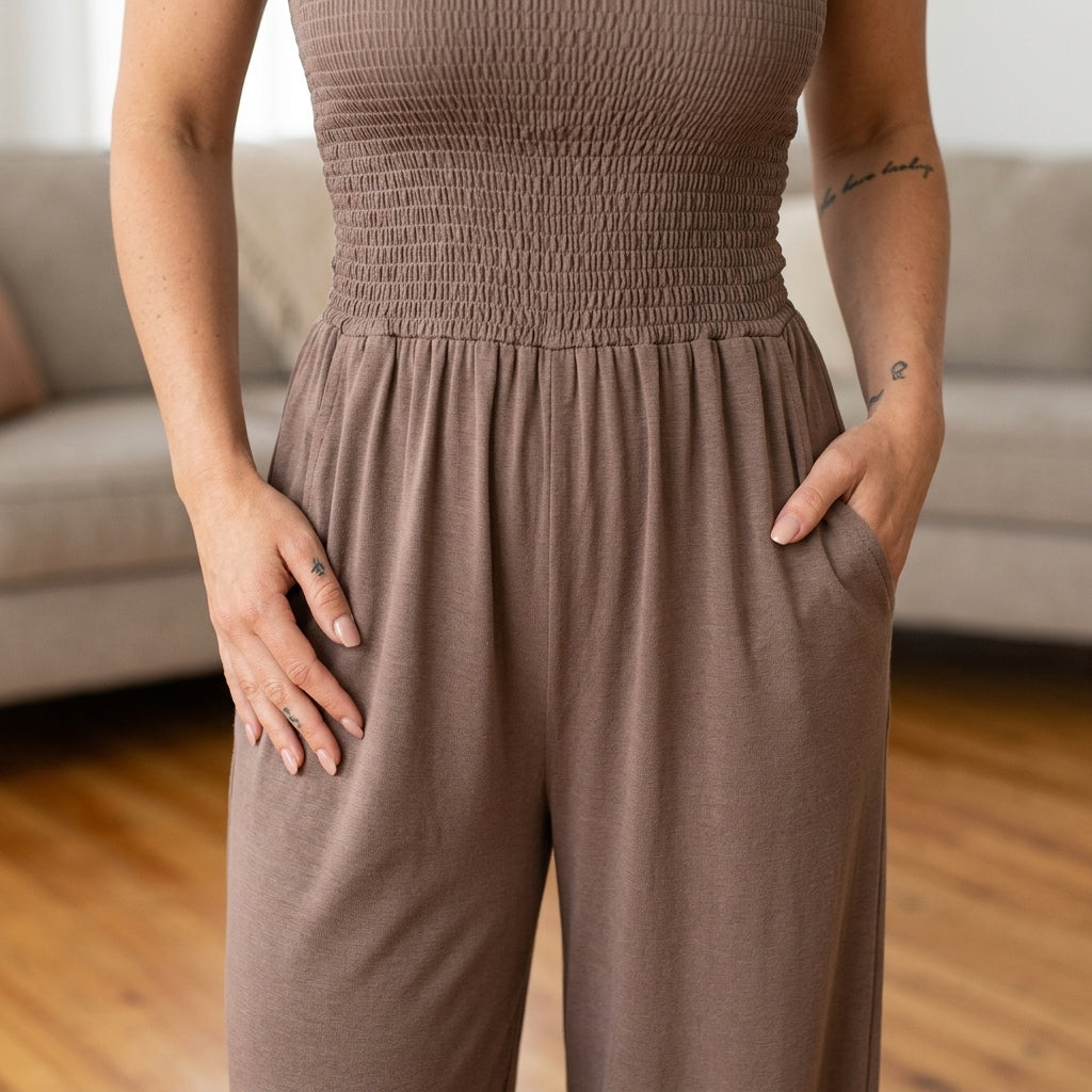 Veloria™ – Strapless Smocked Wide-Leg Jumpsuit with Pockets