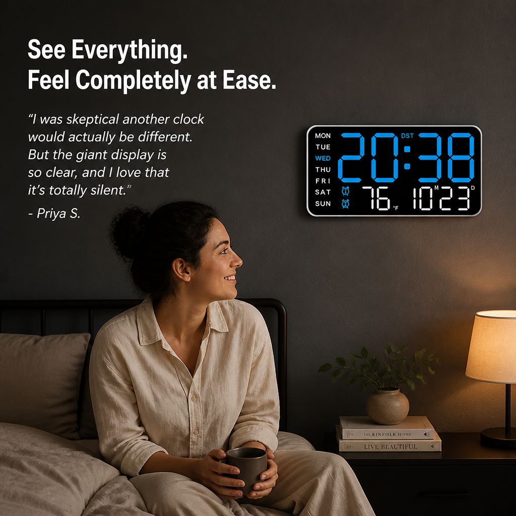 LumaVista™ — See the Day, Date, Time & Temp at a Glance, Zero Ticking