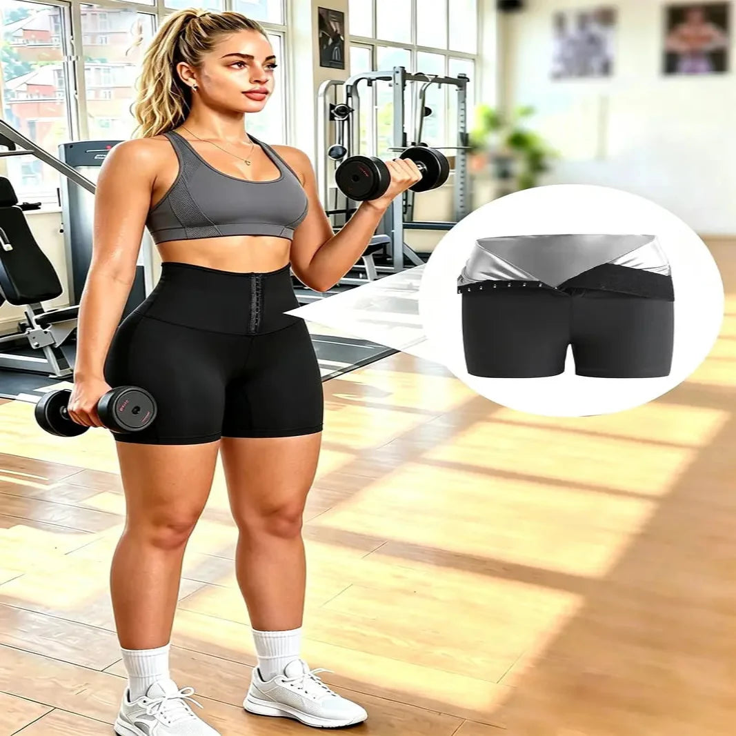 High Waist Shorts with Moisture Wicking and Built-In Waist Trainer - Four-Way Stretch