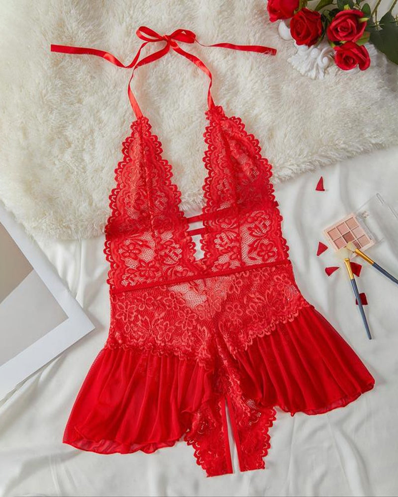 ArdentMist™ – Sheer Mesh Skirt Babydoll with Floral Lace Halter