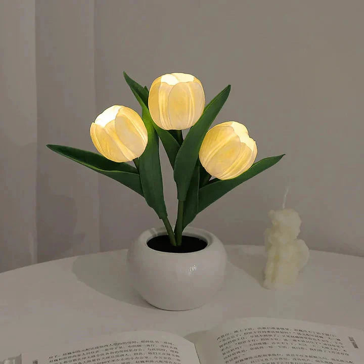 LED Table Lamp with Realistic Flower Design and Ceramic Base
