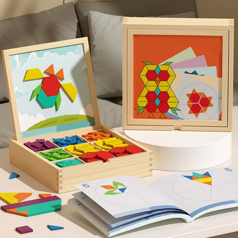 Wooden Building Blocks Set with Magnetic Pieces and Pattern Cards