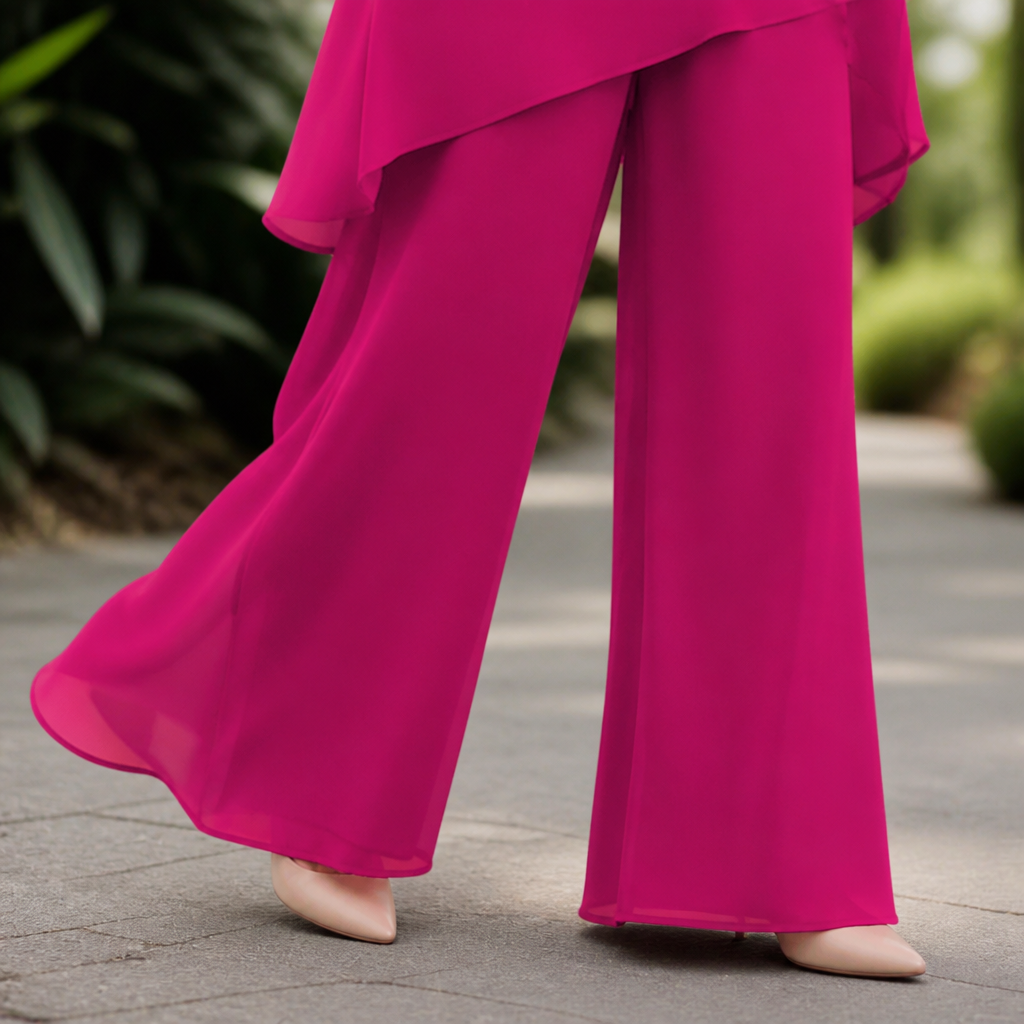 SerenLuxe™ – Sophisticated Chiffon Two-Piece Set Featuring Asymmetric Layered Top