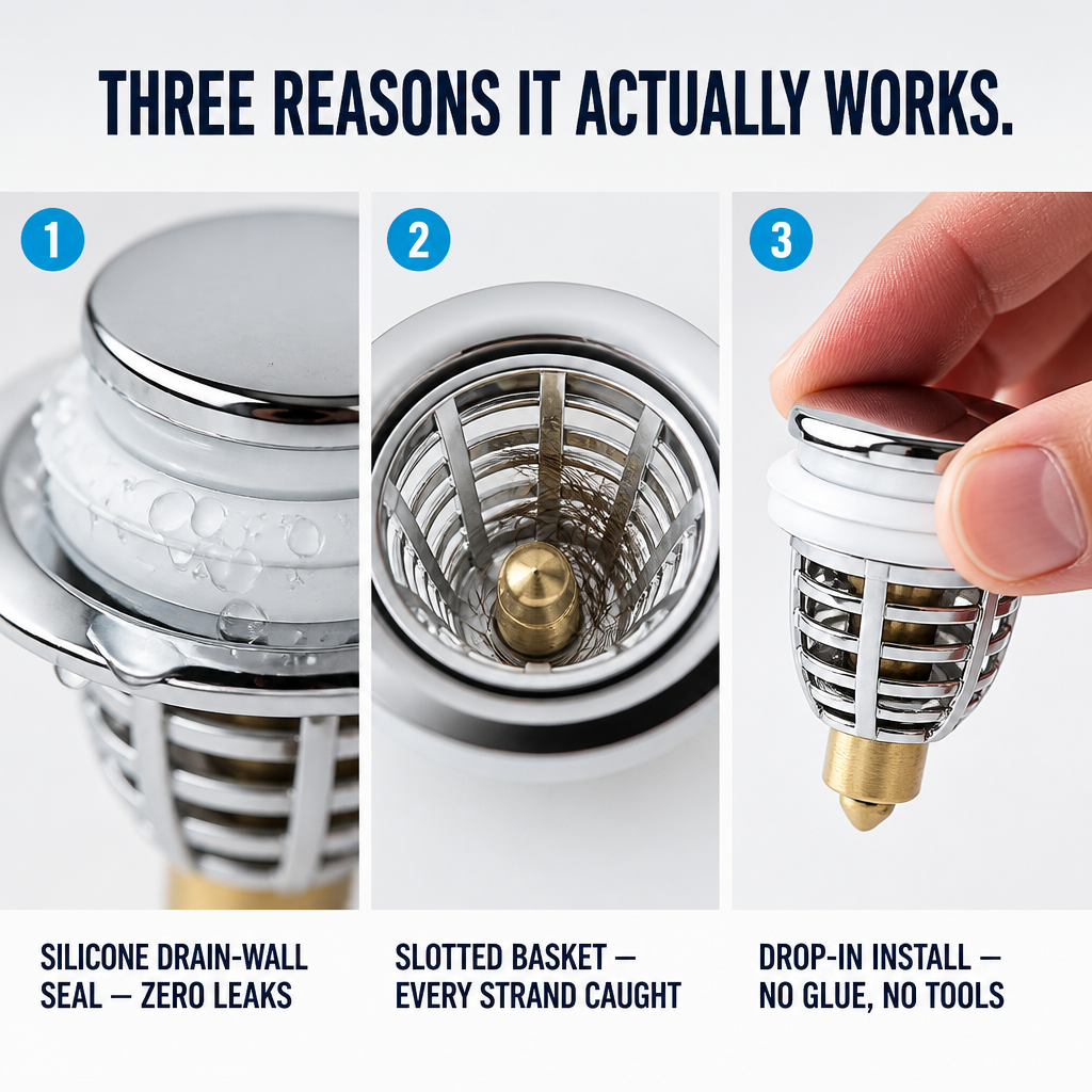 AquaSealPro™ — Catch Hair, Seal Drains, Clean with a Single Press