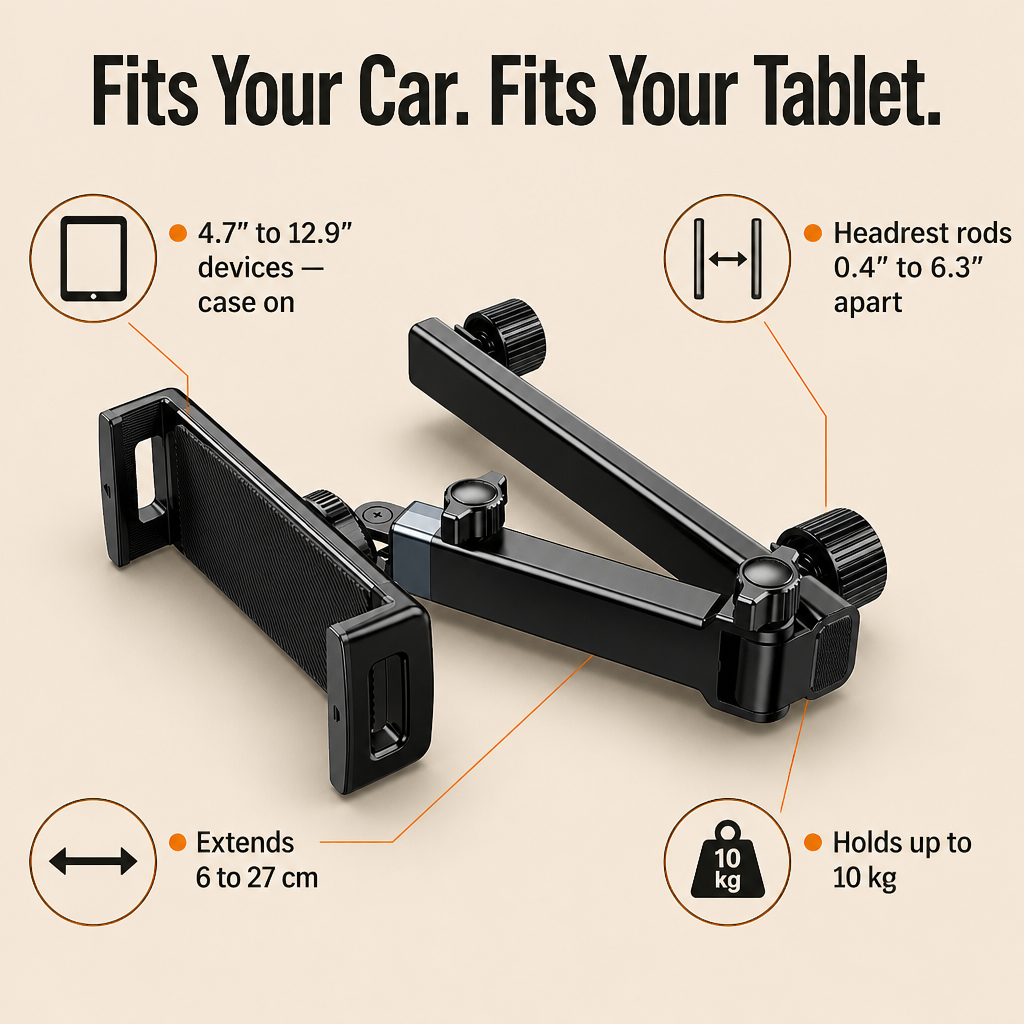 RoadEase™ — Position Your Tablet Right Between Both Headrests for Comfortable Backseat Viewing