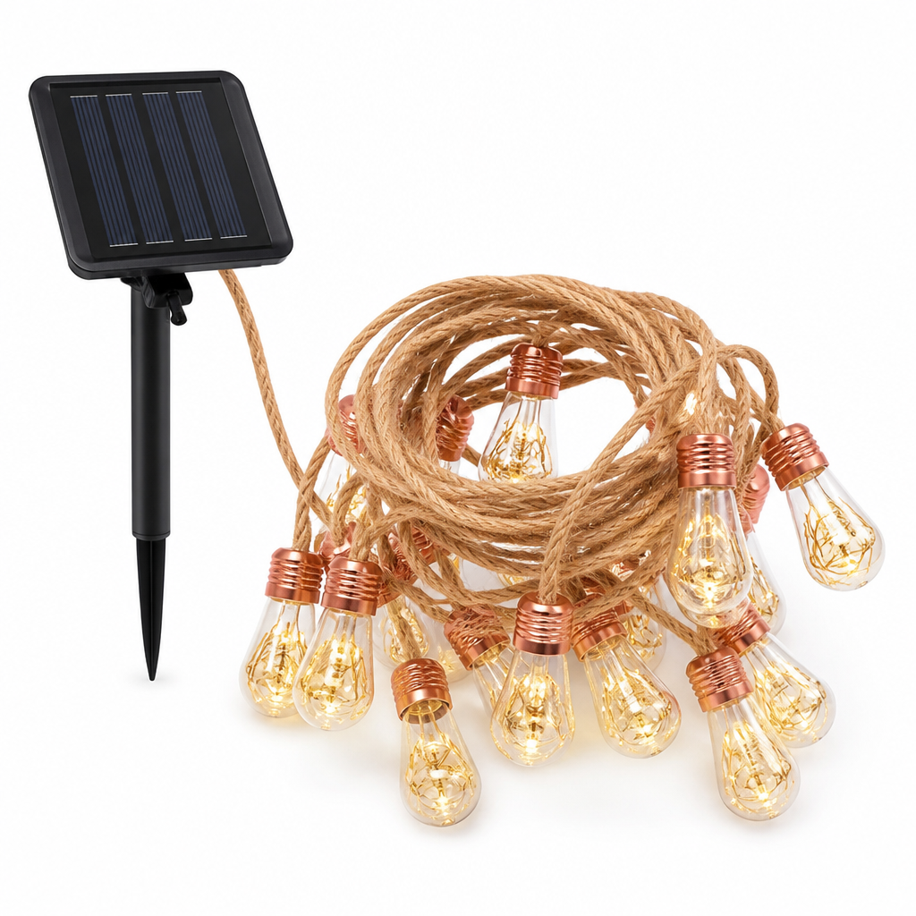 Solar-Powered Hemp Rope Outdoor String Lights (IP55 Waterproof)