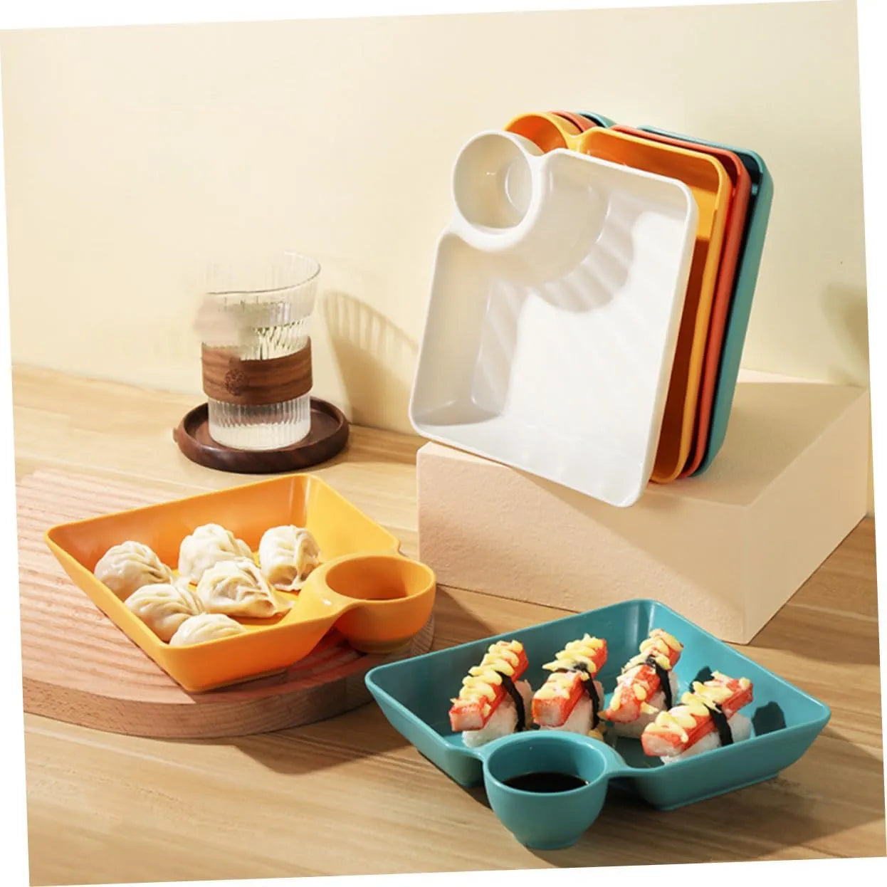 Stackable Snack and Dip Serving Plate with Sauce Bowl - 4 Colors