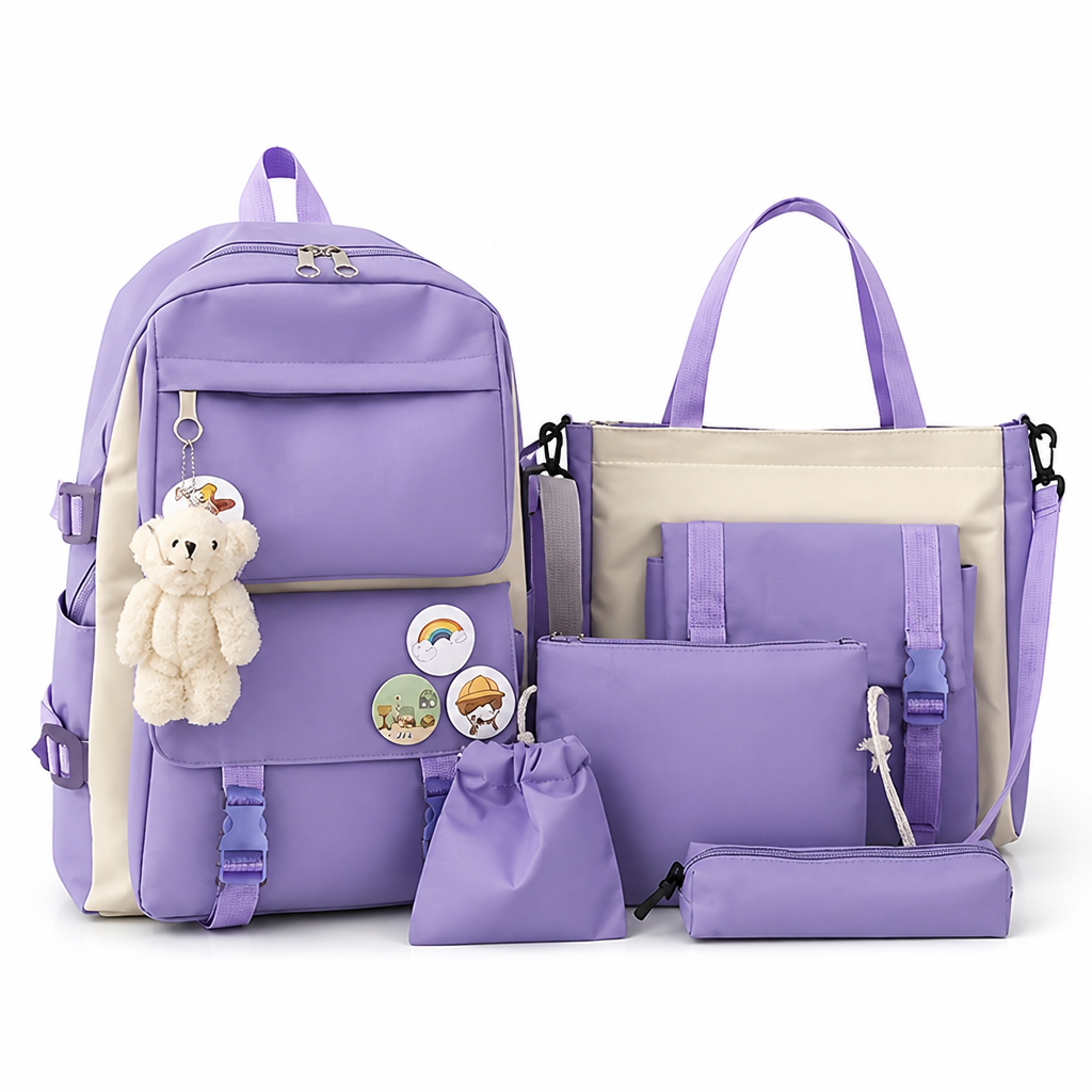 Plush Bear & Badge Kids Backpack Set (5-Piece)