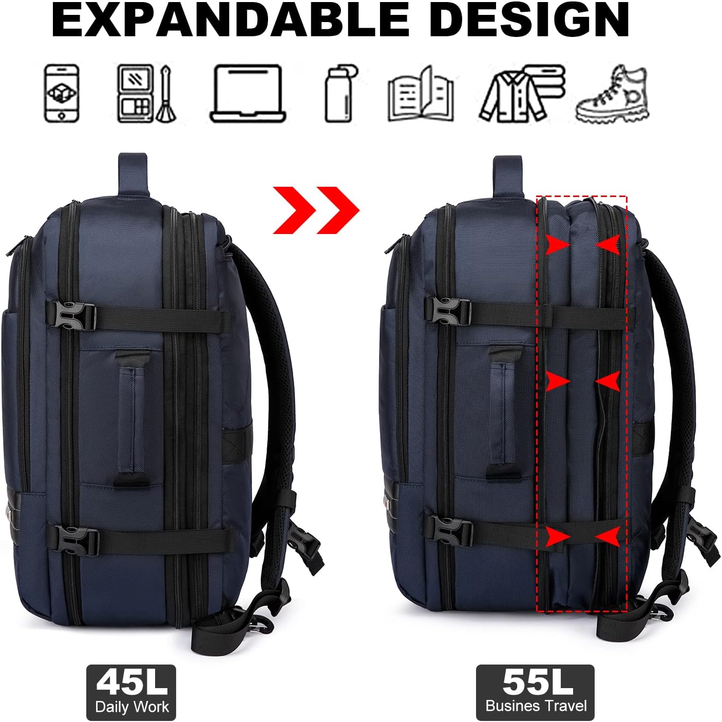 Waterproof Travel Backpack 45-55L with Laptop Section – Expandable