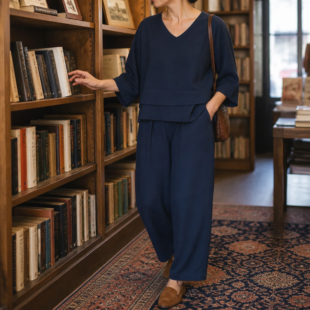 LioraLuxe™ – Casual Layered V-Neck Shirt & Wide-Leg Trouser Set