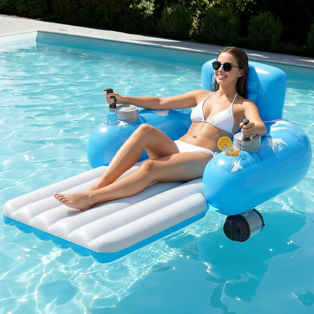Rechargeable Dual-Motor Inflatable Pool Lounge for Adults – 360° Glide with Storage Pockets
